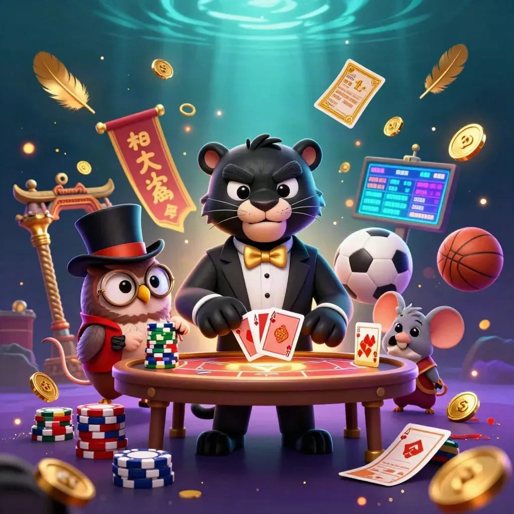 Panther, owl, and mouse casino heroes amid gold coins, sports balls, and glowing teal-purple light