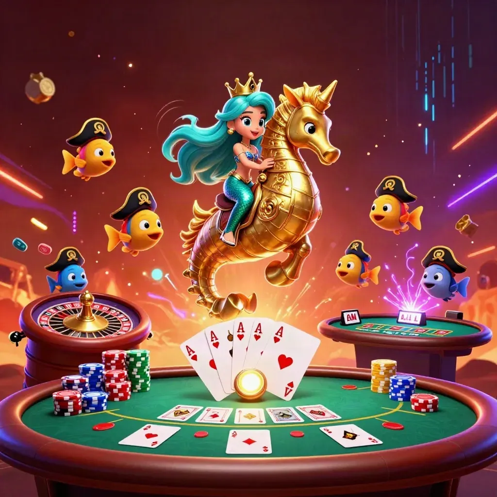 Mermaid princess on a golden seahorse amid casino cards, chips, neon energy, and embers.