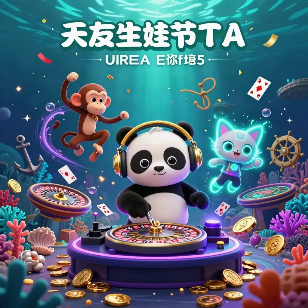 DJ panda, monkey, and glow-stick kitten amid underwater casino treasure and neon light