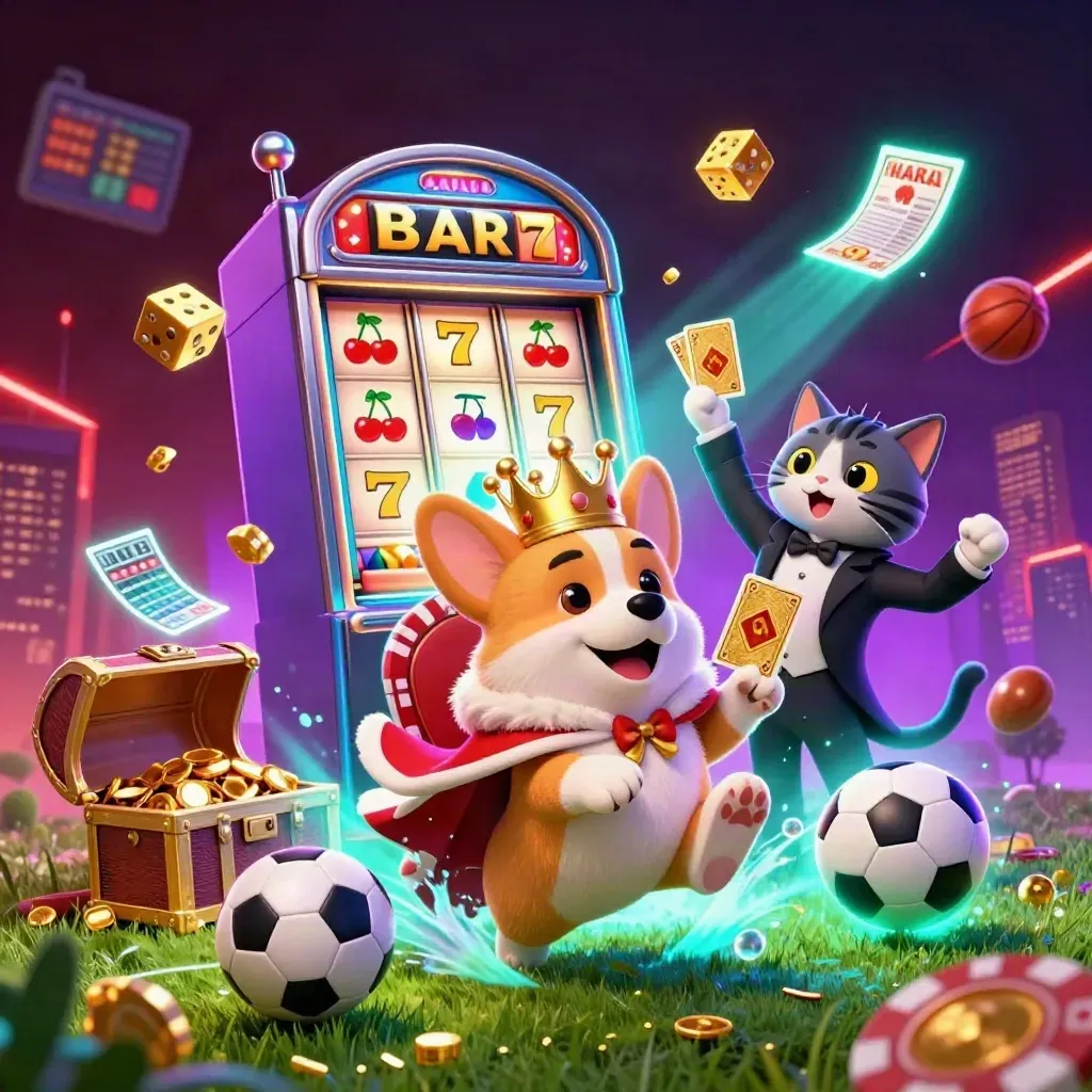 Royal corgi and cat butler amid a soccer-ball blast, slot machine jackpot, and cosmic casino glow