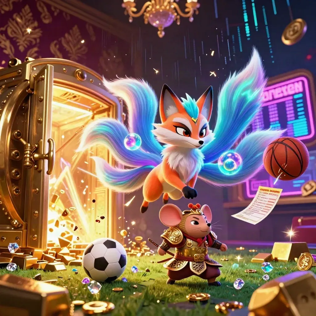 Fox spirit and armored mouse amid exploding gold, orbs, and sports gear in a luxe neon casino scene.