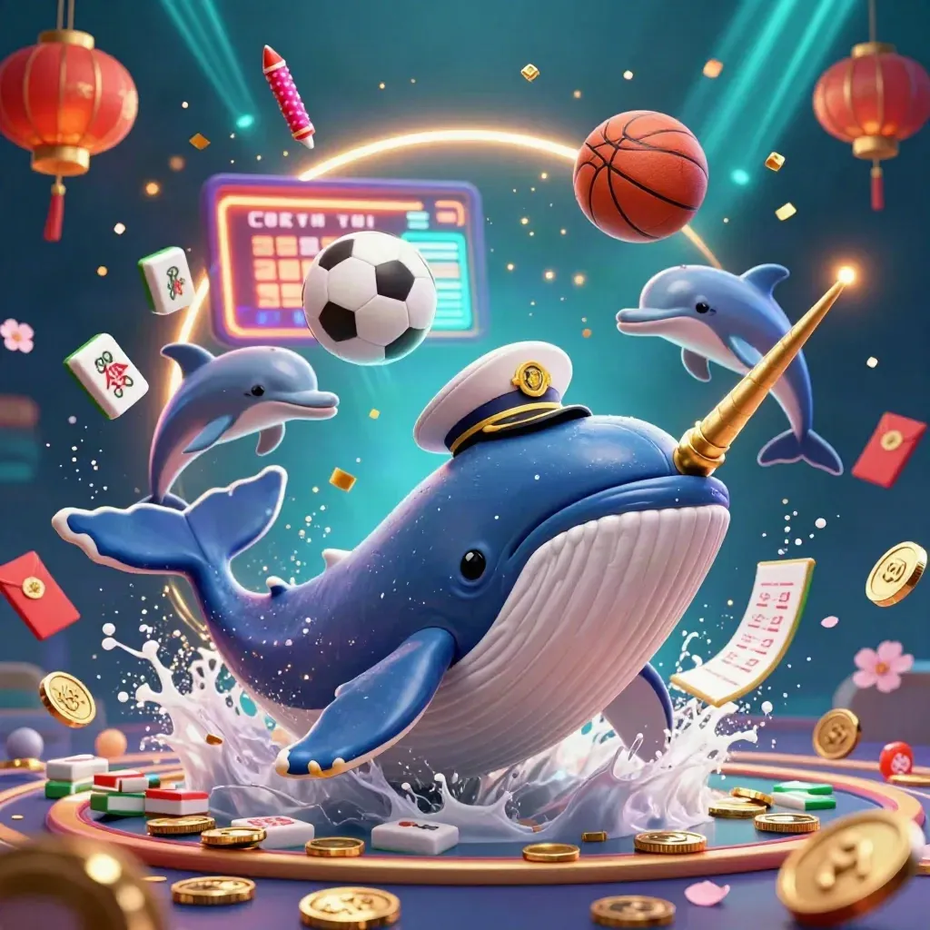 Whale captain, narwhal, and dolphins burst through coins in a neon casino underwater scene.