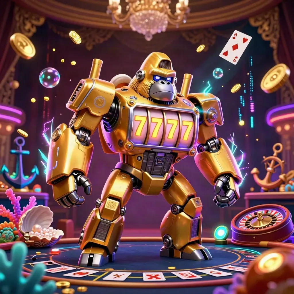 Golden gorilla mech and tiny monkey amid casino luxury, treasure cove glow and neon sparks.