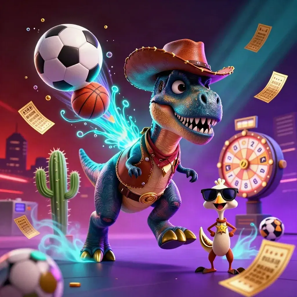 Cowboy T-Rex, cactus, and roadrunner amid flying casino props and neon cosmic glow.