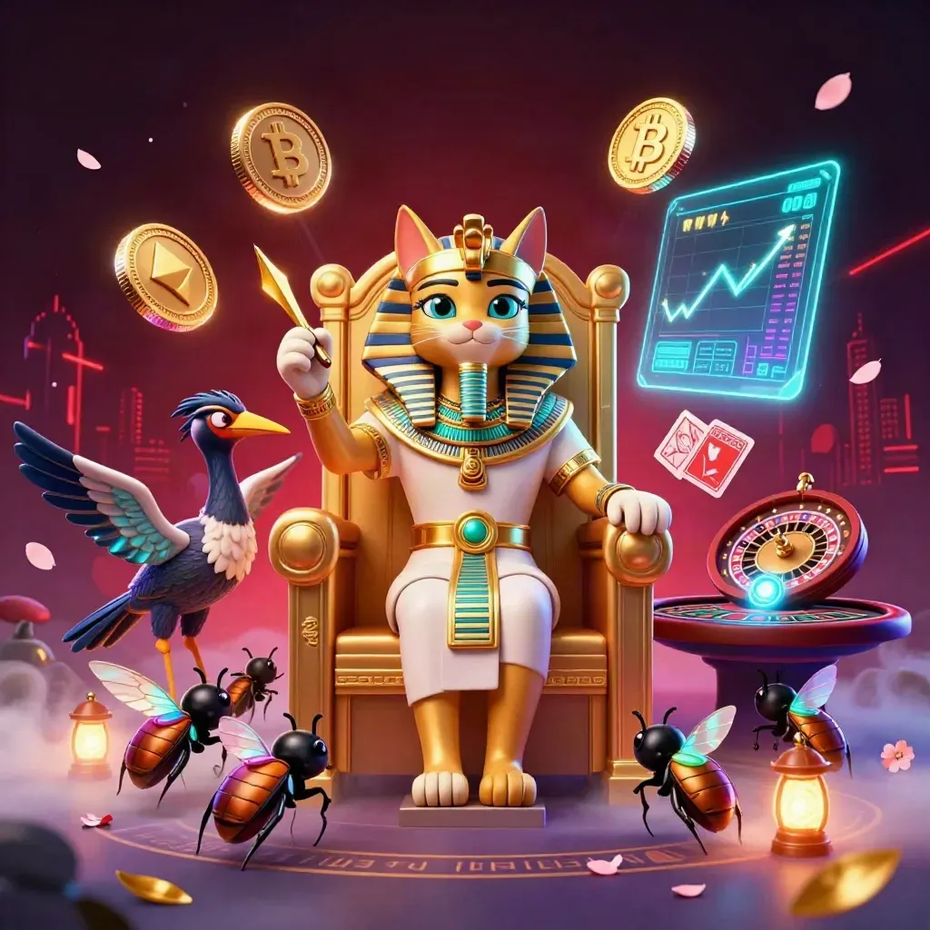 Pharaoh cat on a gold throne with ibis scribe, scarabs, neon crypto effects, and casino glamour