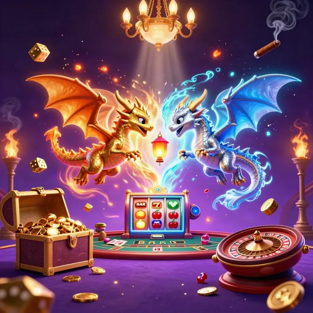 Gold and silver dragons spiral around a lantern spirit amid casino magic, slot rays, dice, stars, and luxury lighting.