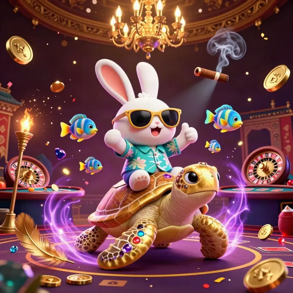 Lucky rabbit on a golden sea turtle amid casino glam, cards, fireworks, and neon energy