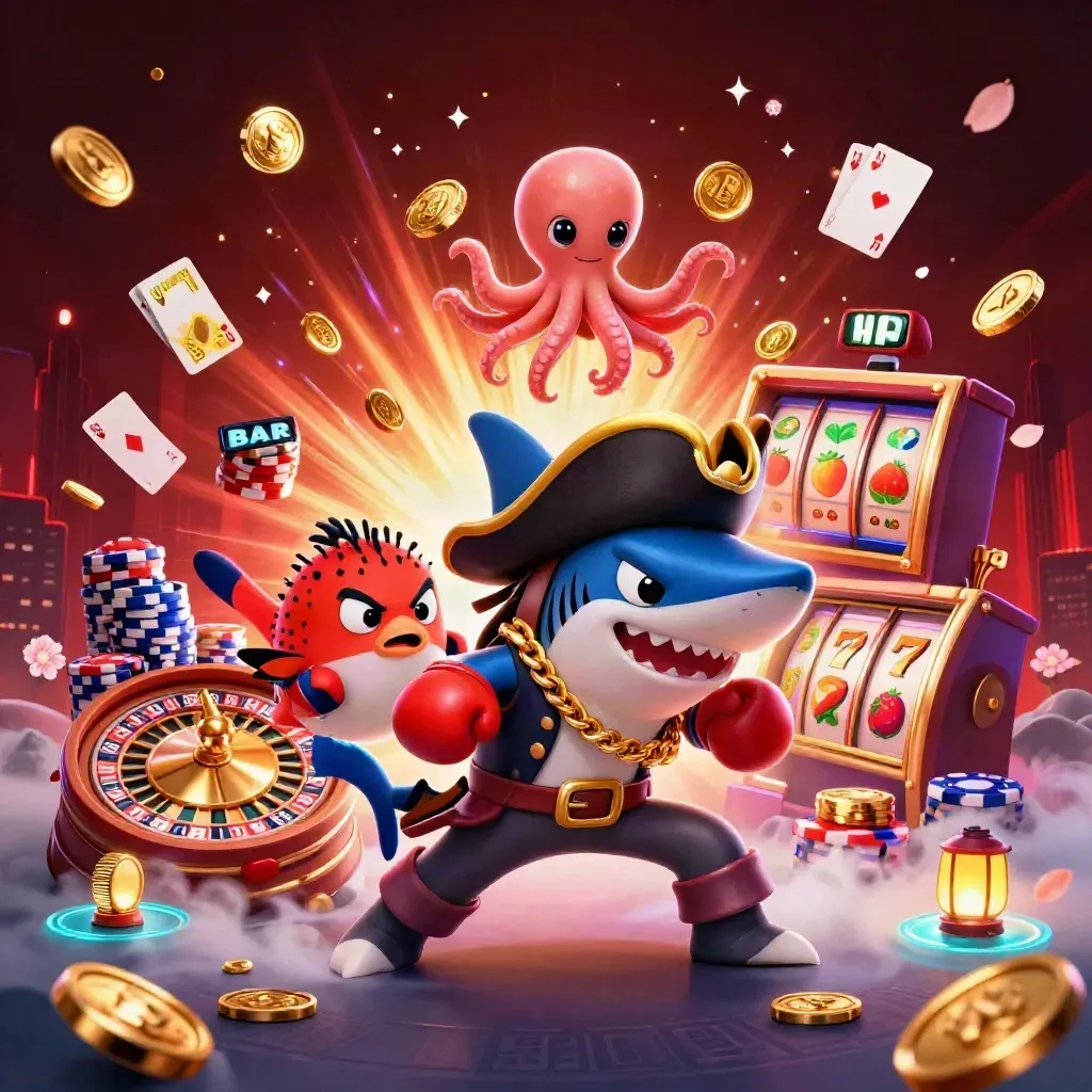 Shark pirate, boxing pufferfish, and coin-juggling octopus amid casino bursts in neon teal.