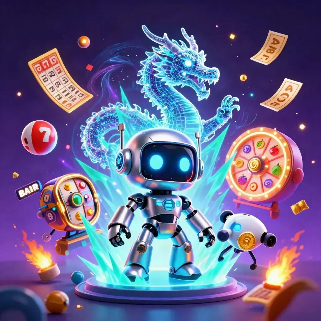 Cyberpunk robot, holographic dragon and coin drone amid casino loot in teal-purple cosmic glow