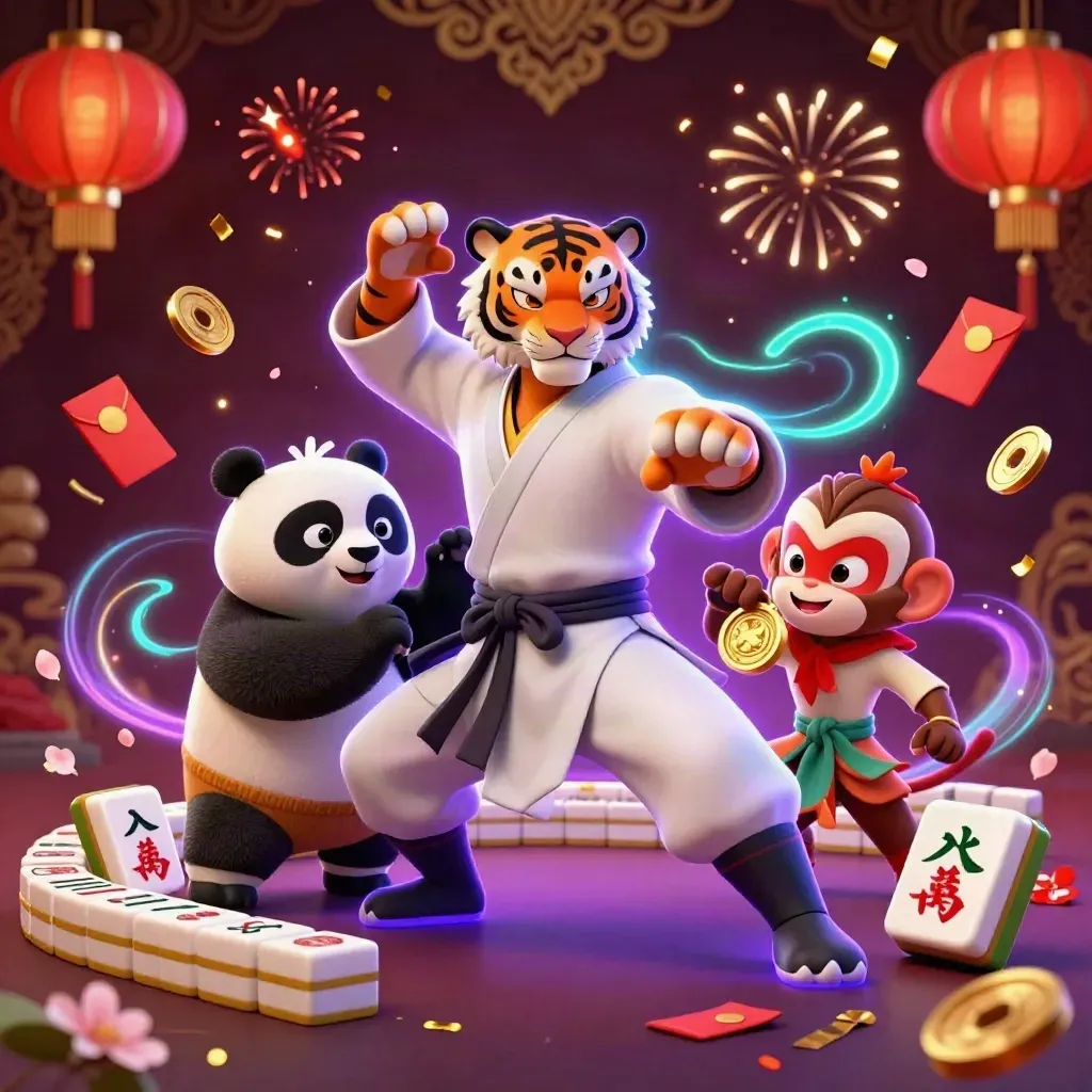Tiger master, panda disciple, and monkey student amid casino magic, coins, lanterns, and confetti.