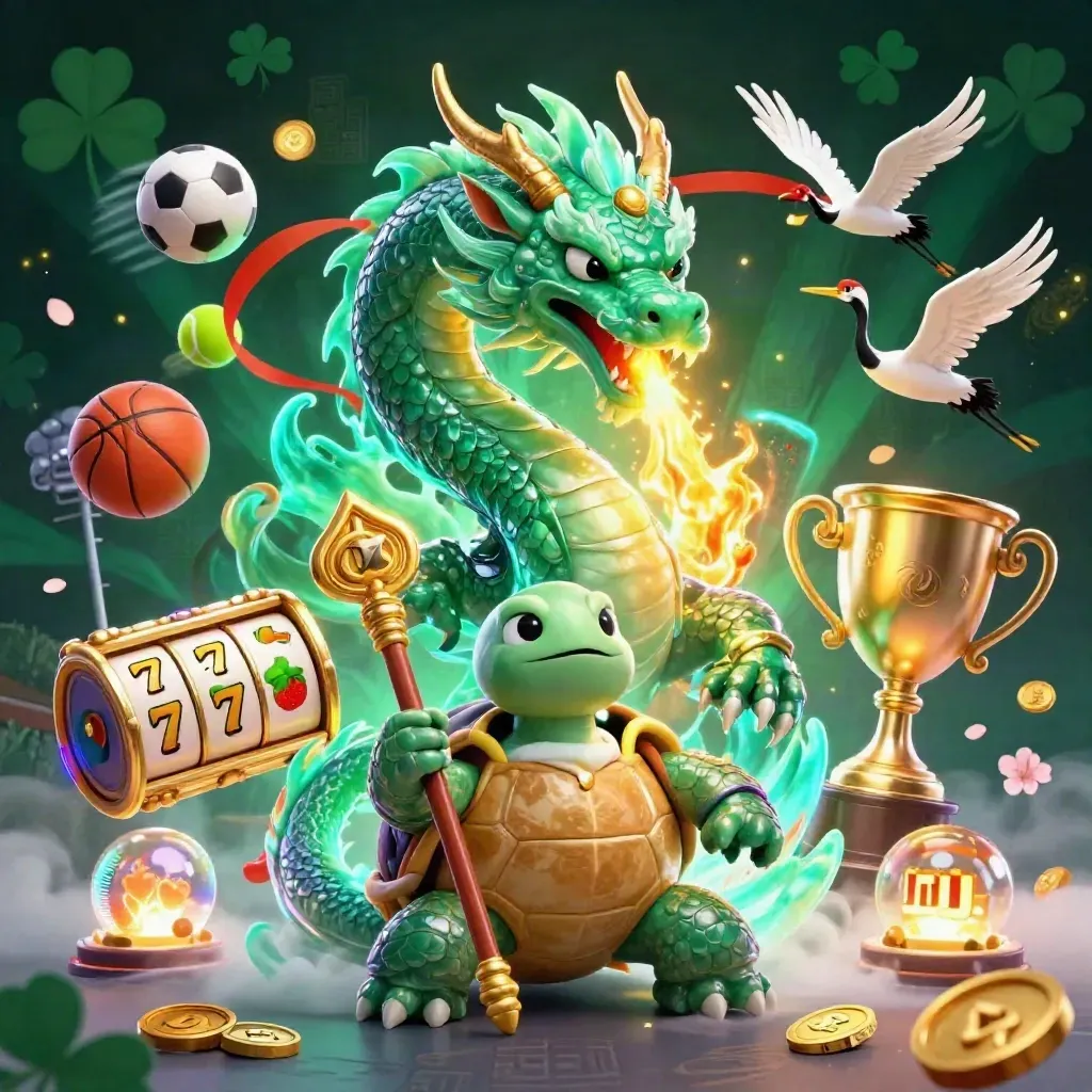 Emerald dragon, turtle sage and cranes burst through casino magic with coins, fire and neon energy.