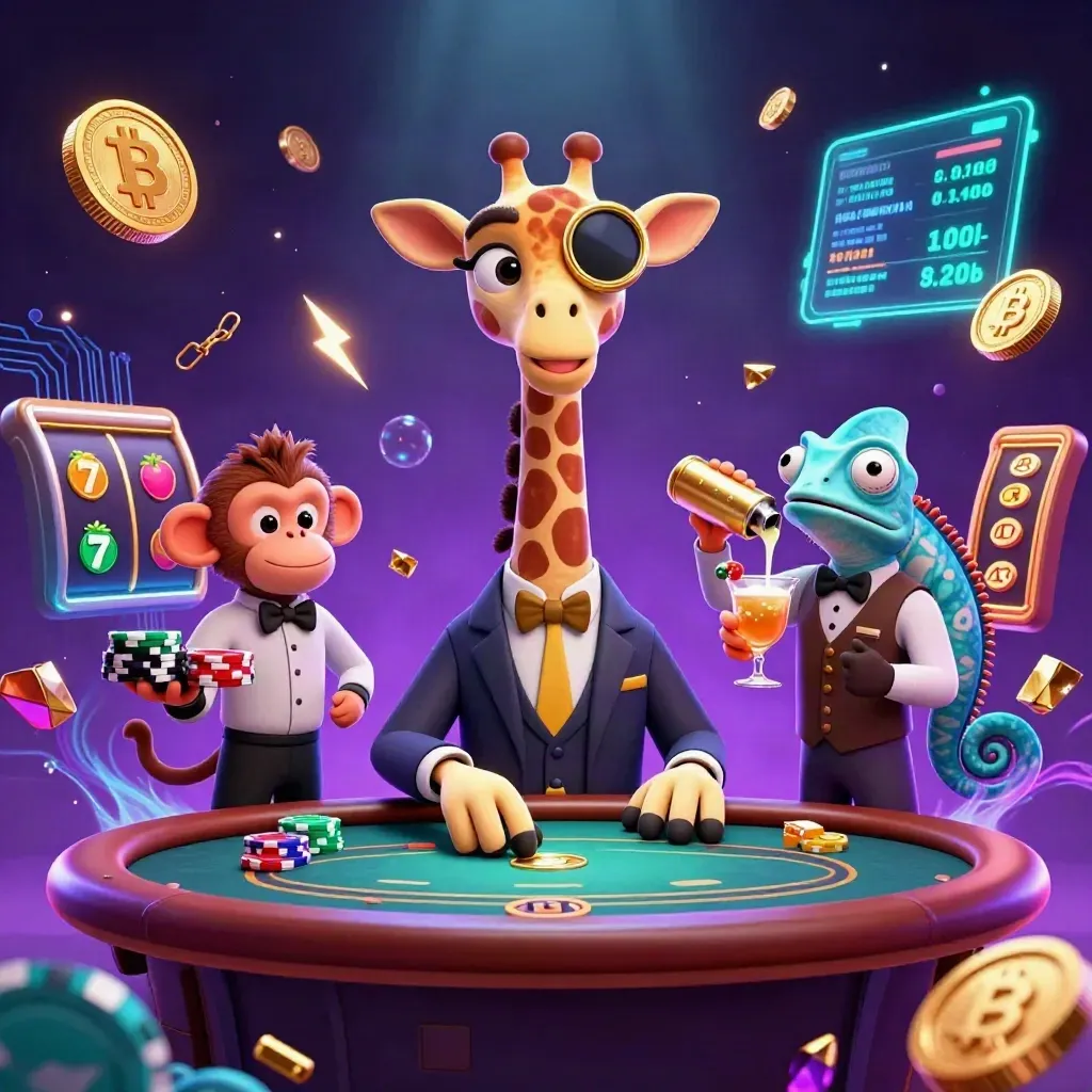 Giraffe VIP poker scene with monkey valet and chameleon bartender amid neon casino magic.