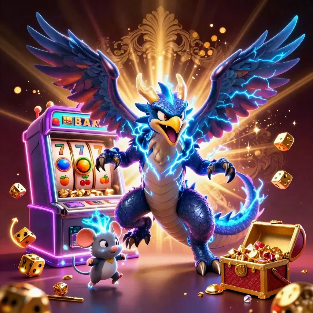 Dragon, hawk, and thunder-mouse amid slot burst, gold, gems, and lightning in a luxe casino scene.