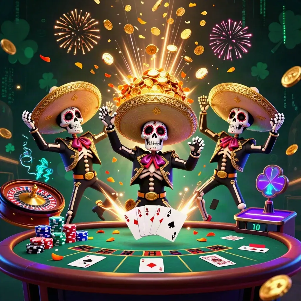 Skeleton mariachi trio amid chips, cards, roulette, vault gold, and neon casino fireworks.