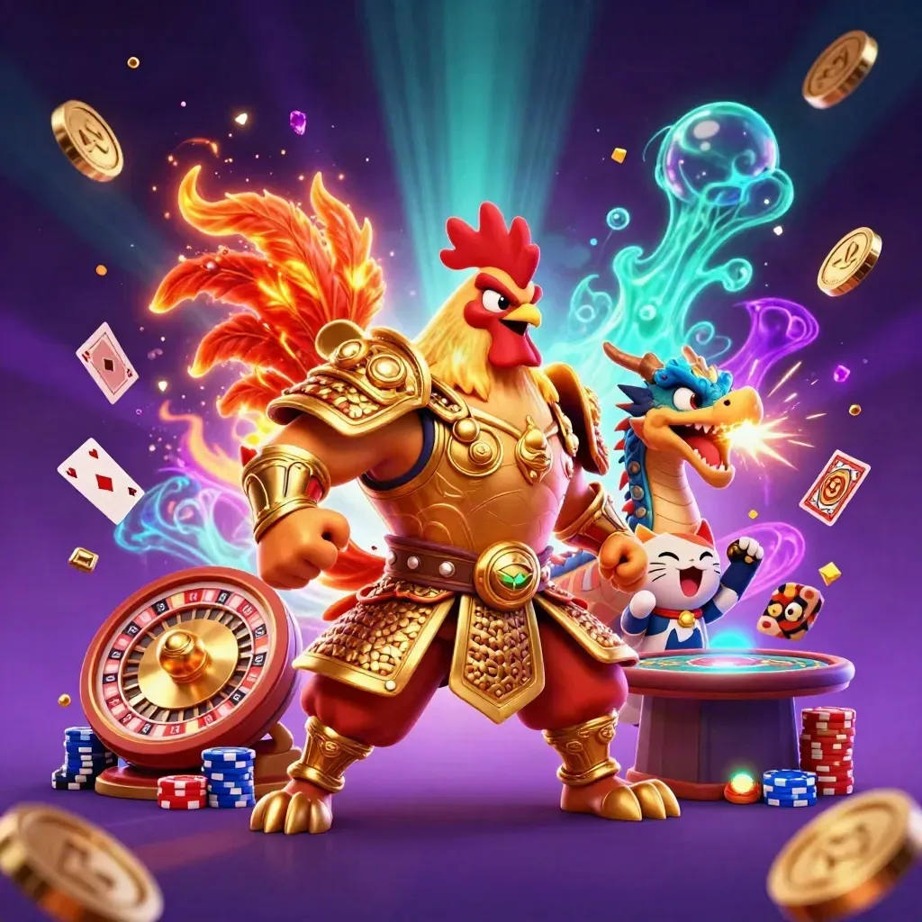 Rooster warrior, dragon hatchling, and fortune cat burst through coins and gems in a cosmic casino.
