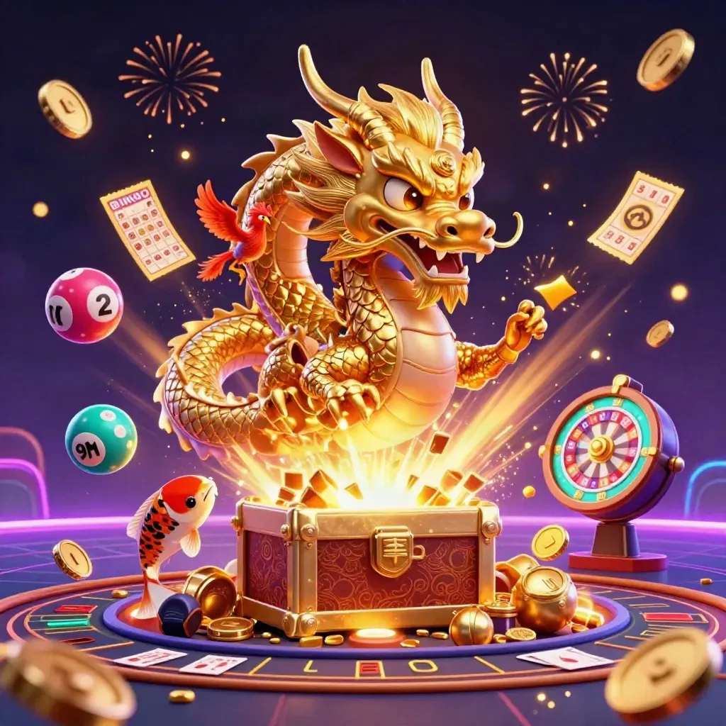 Golden dragon with phoenix and koi amid treasure, casino wheels, coins, fireworks, and neon cosmic glam.