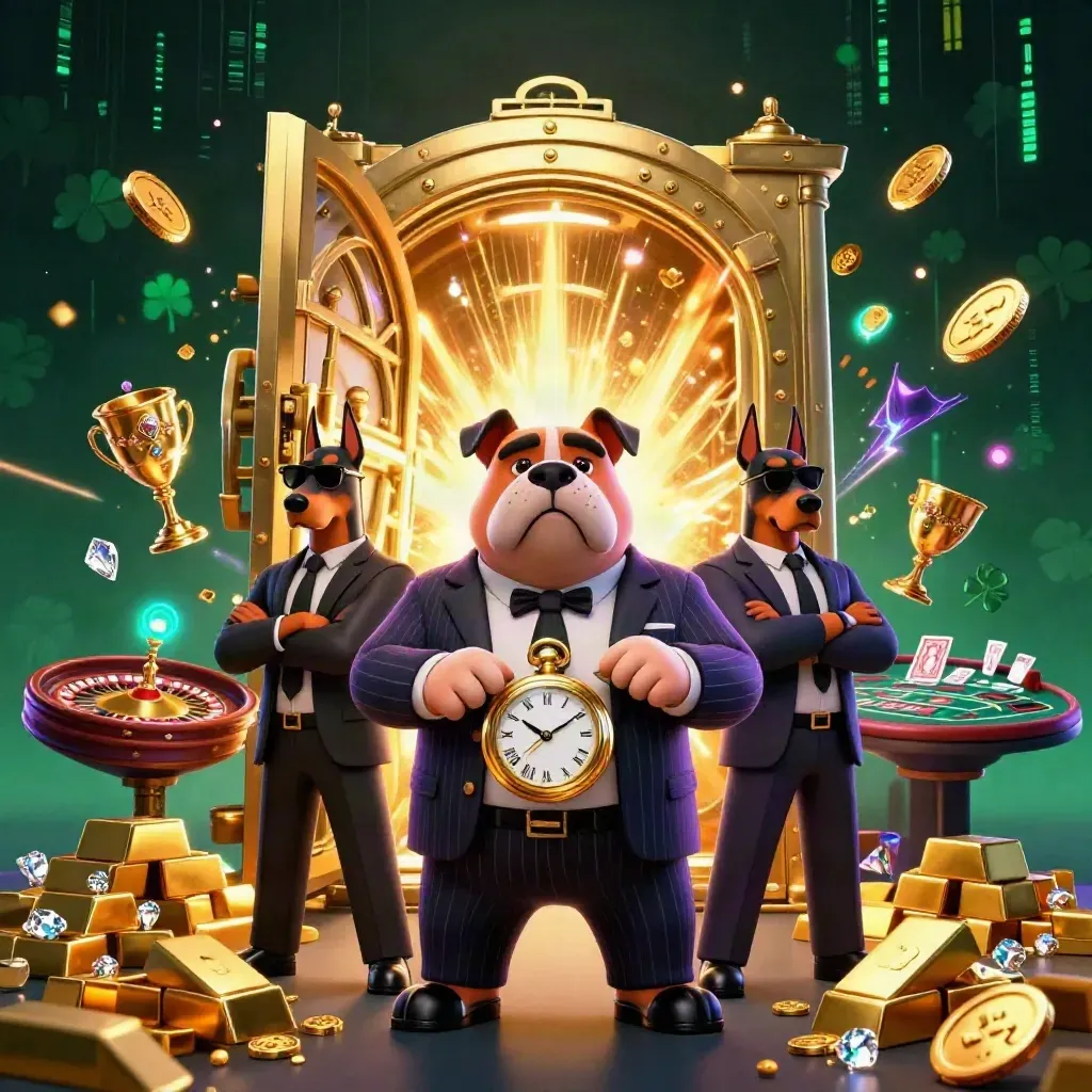 Mafia bulldog and Dobermans explode from a gold vault with coins, gems, roulette wheel, and fireworks.