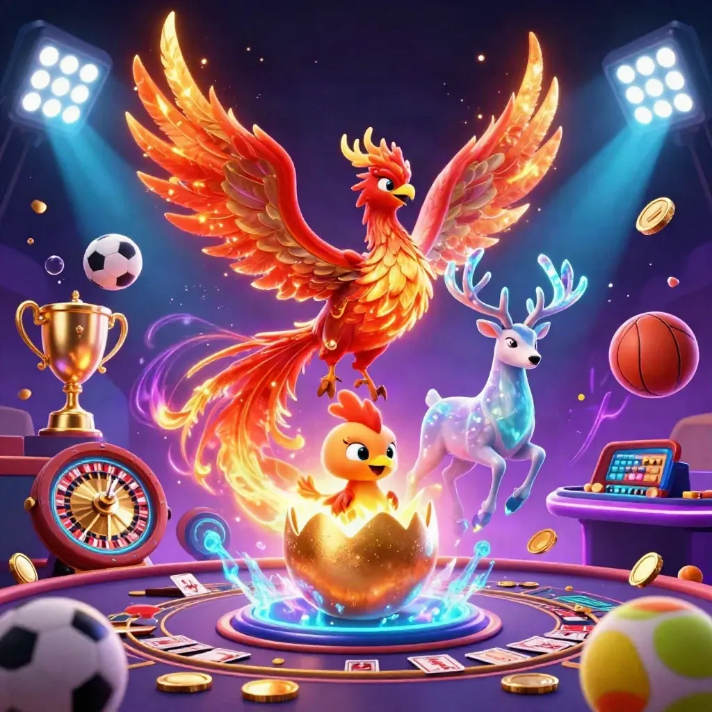 Phoenix, baby phoenix, and crystal stag burst amid coins, sports balls, and cosmic casino glow.