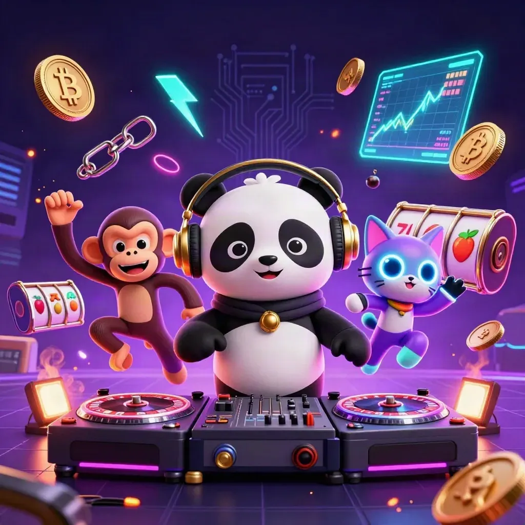 DJ panda, monkey, and kitten in neon casino action with coins, lightning, and reels
