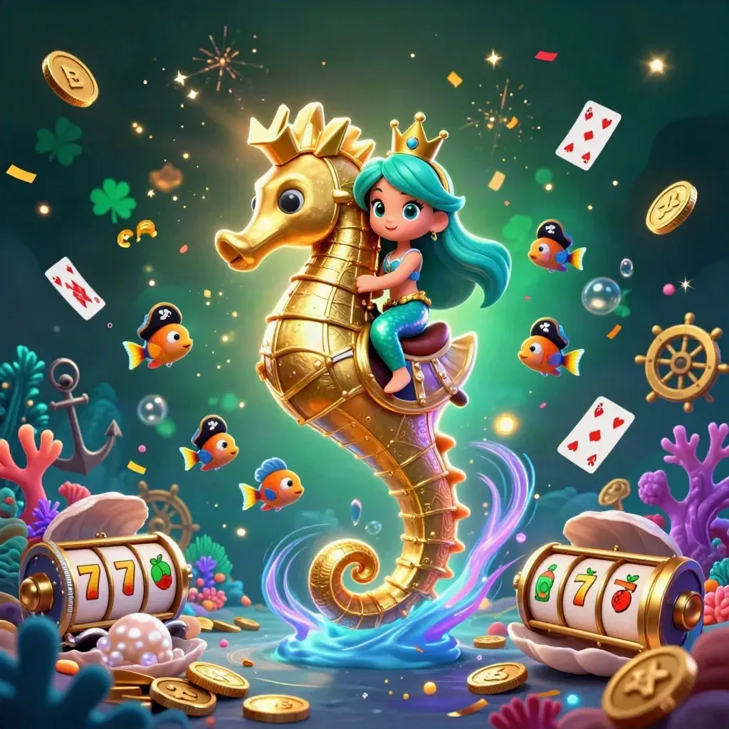 Mermaid princess on armored seahorse in a neon casino treasure cove, with pirate fish and glowing slot symbols