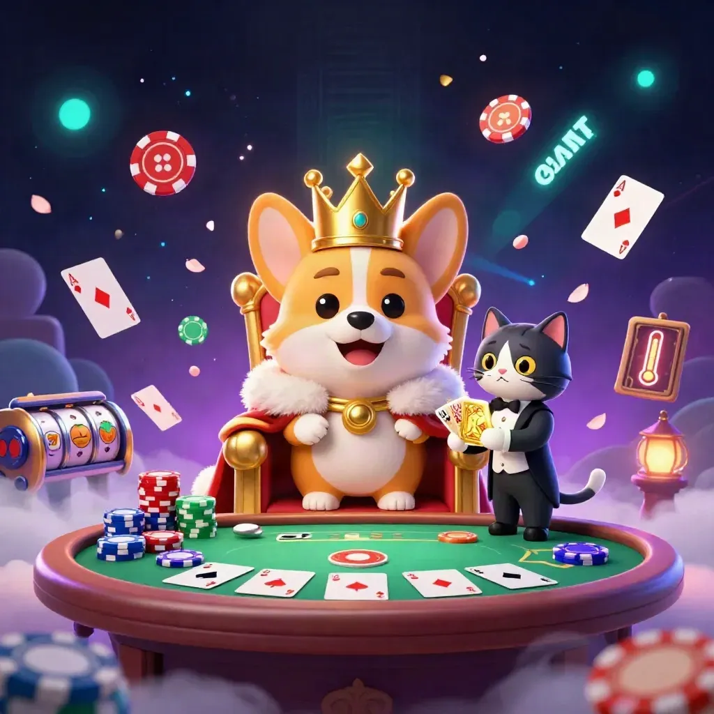 Royal corgi and cat butler amid chips, cards, reels, and cosmic casino glow.