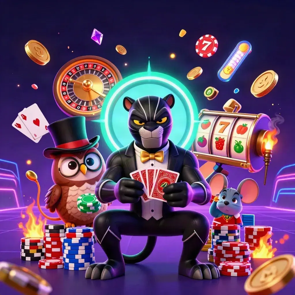 Panther, owl, and mouse casino heroes amid coins, chips, roulette, and teal neon glow.