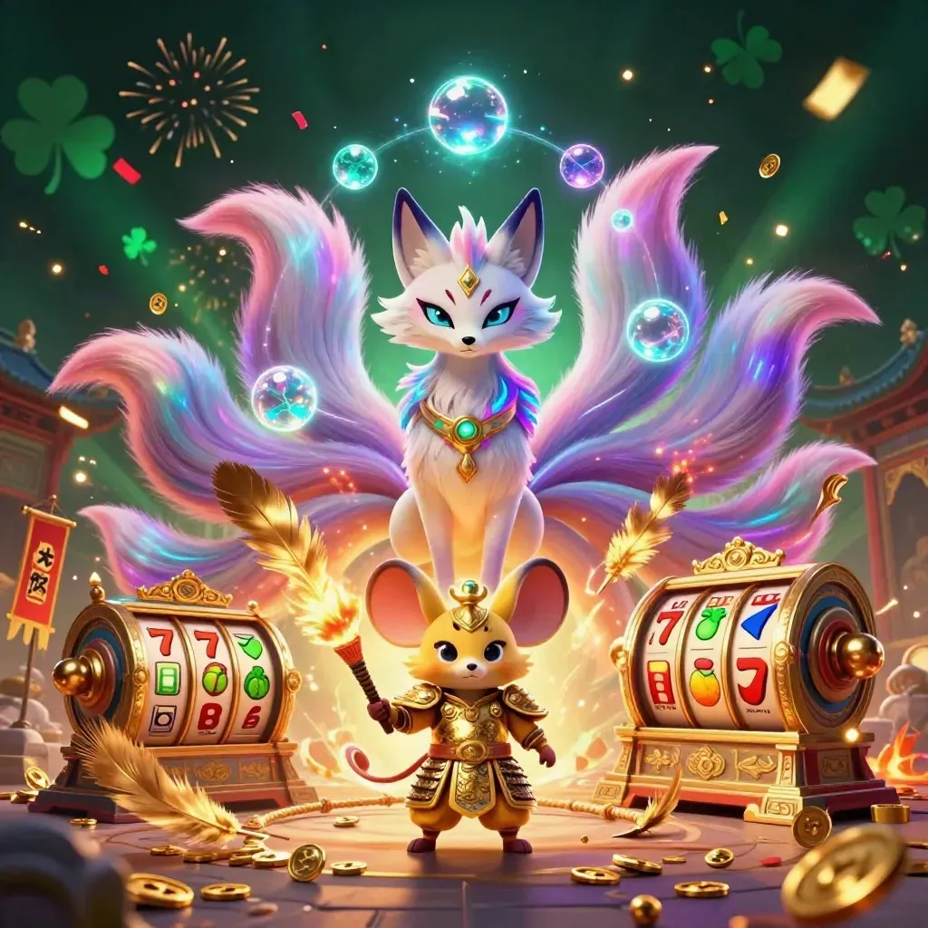Neon fox spirit and gold-armoured mouse amid casino magic, reels, coins, and fireworks