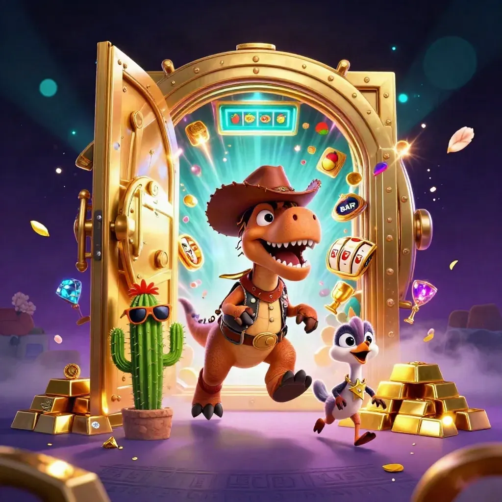 Cowboy T-Rex, cactus sidekick, and sheriff roadrunner burst from a glowing treasure vault.